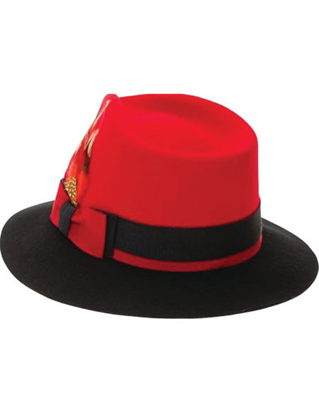 Gangster 100% Austrailian Wool Crushable Mens Fedora Hat - Removable Feather Gangster Red And Black Mens Fedora Hat