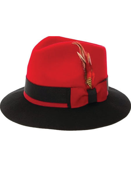 Gangster 100% Austrailian Wool Crushable Mens Fedora Hat - Removable Feather Gangster Red And Black Mens Fedora Hat