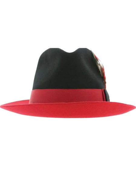 Gangster 100% Austrailian Wool Crushable Mens Fedora Hat - Removable Feather Gangster Black-Red Mens Fedora Hat