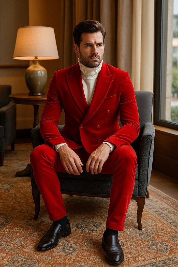 Mens Slim Fit Red Velvet Double Breasted Suits with Peak Lapel – Formal Tuxedo Style