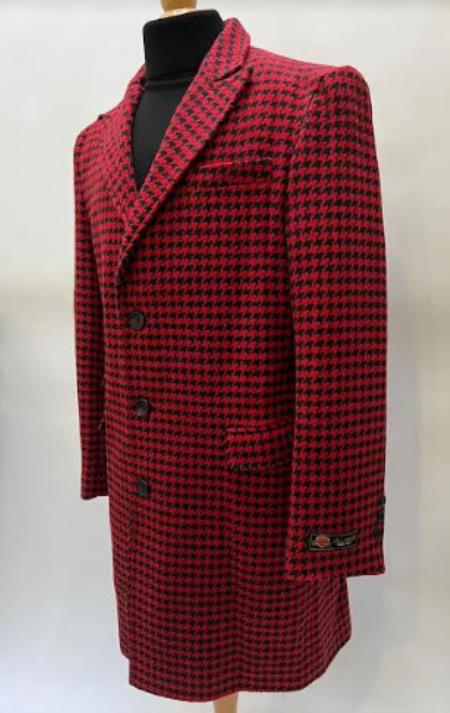 Men's Red Plaid Peacoat | Wool Blend Overcoat | Winter Jacket