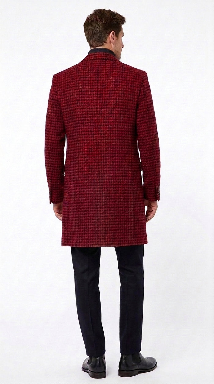 Men’s Red and Black Plaid Peacoat – Wool-Blend Houndstooth Winter Overcoat