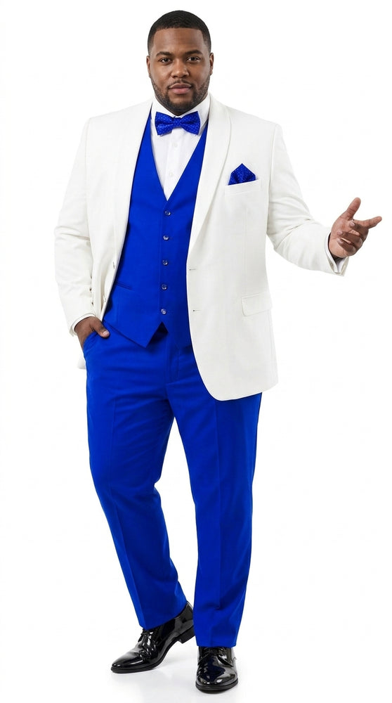Men’s White and Royal Blue Tuxedo Wedding Suit – White Dinner Jacket with Royal Blue Vest, Pants & Bow Tie