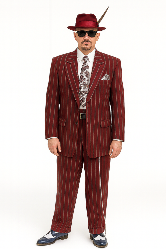 Burgundy Pinstripe Zoot Suit – 3 Piece 1920s/1930s Gangster Outfit (Jacket and Pants and Vest)  Vintage Fashion
