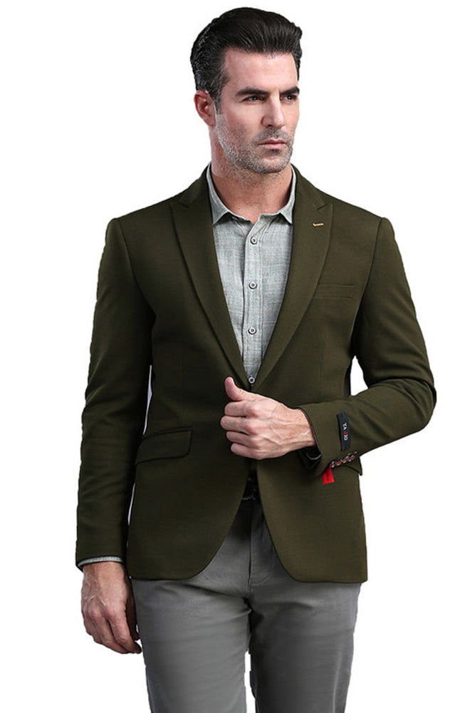 Men's Olive Green Peak Lapel Skinny Blazer by Tazzio Suits