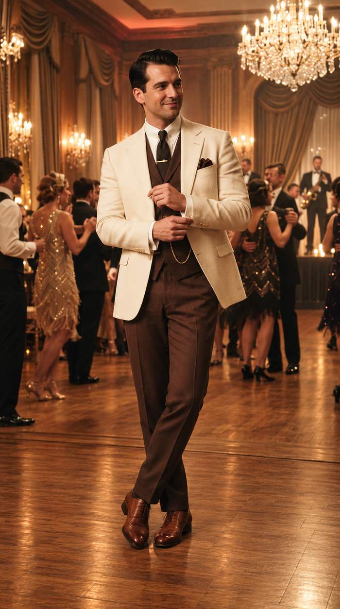 Great Gatsby 1920s ivory Dinner Jacket with Brown Vest and Pants Crema off White Collor Outfit