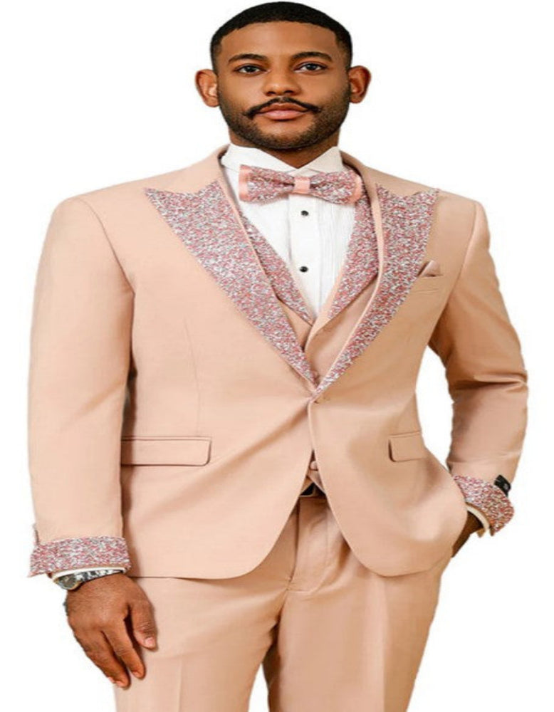 Rose Gold Prom Tuxedo - Perfect Wedding Suit Vested Rhinestone sequin Lapelled
