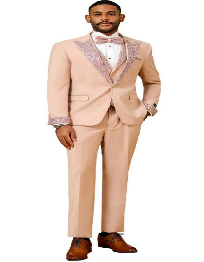 Rose Gold Prom Tuxedo - Perfect Wedding Suit Vested Rhinestone sequin Lapelled