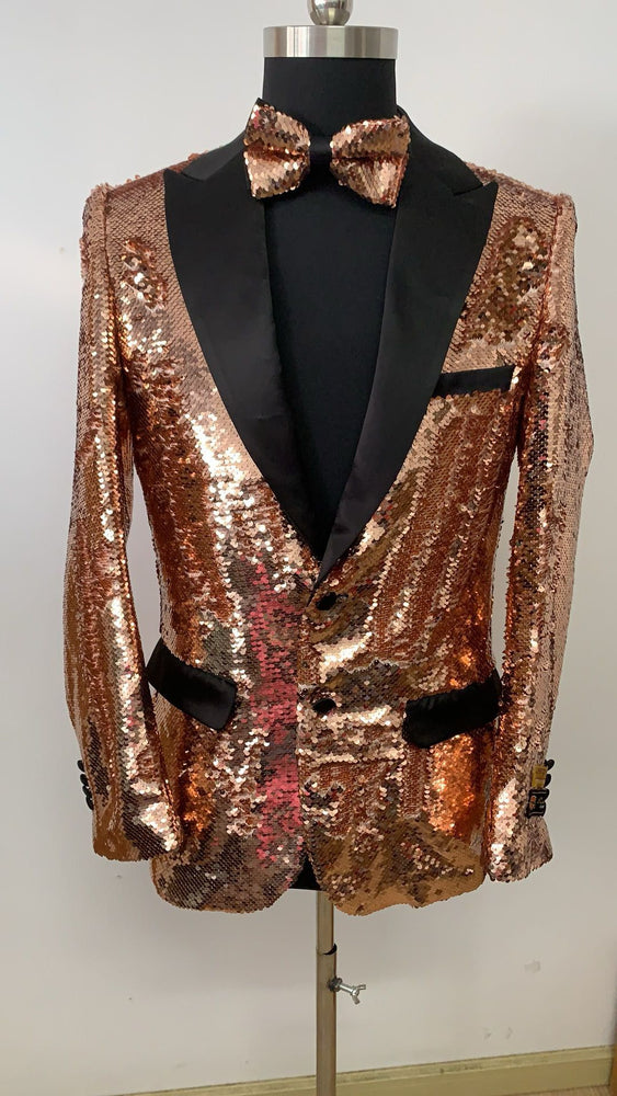 Mens Rose Gold Sequin Tuxedo Jacket with Black Satin Shawl Lapel and Matching Bow Tie