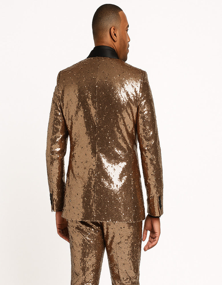 Men's Rose Gold Sequin Tuxedo Suit with Black Satin Lapel – Luxury Slim Fit Blazer for Parties and Events