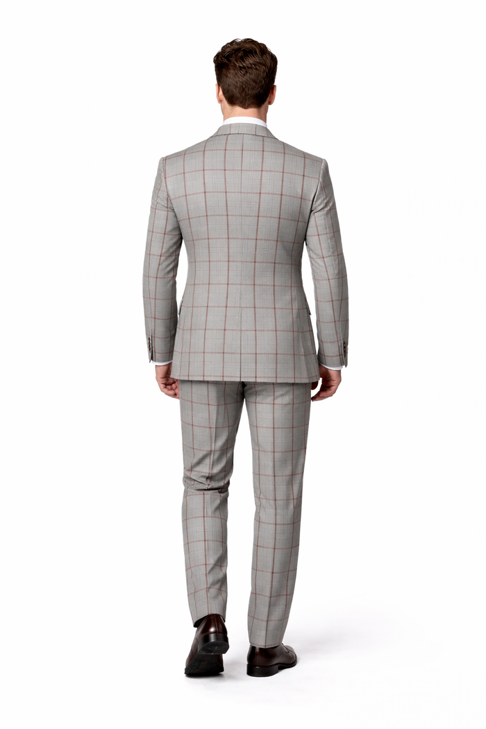 Suits With Baggy Pleated Pants - Wide Leg Pants 100% Wool - Classic Fit in Color Grey with Red Plaid by Rossiman