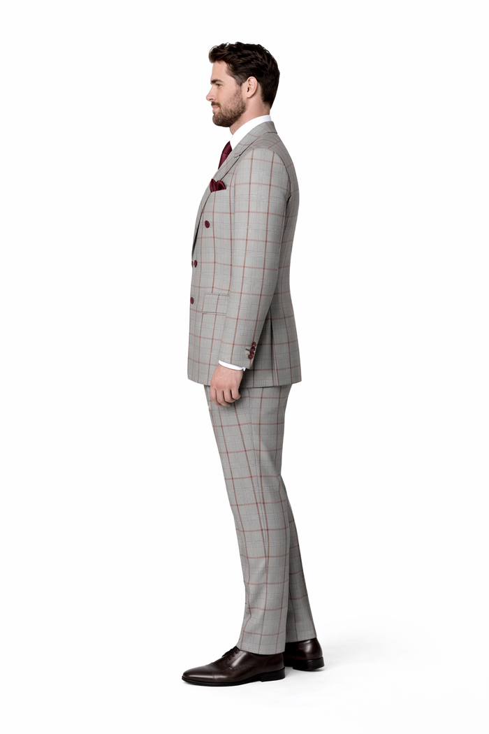 Suits With Baggy Pleated Pants - Wide Leg Pants 100% Wool - Classic Fit in Color Grey with Red Plaid by Rossiman