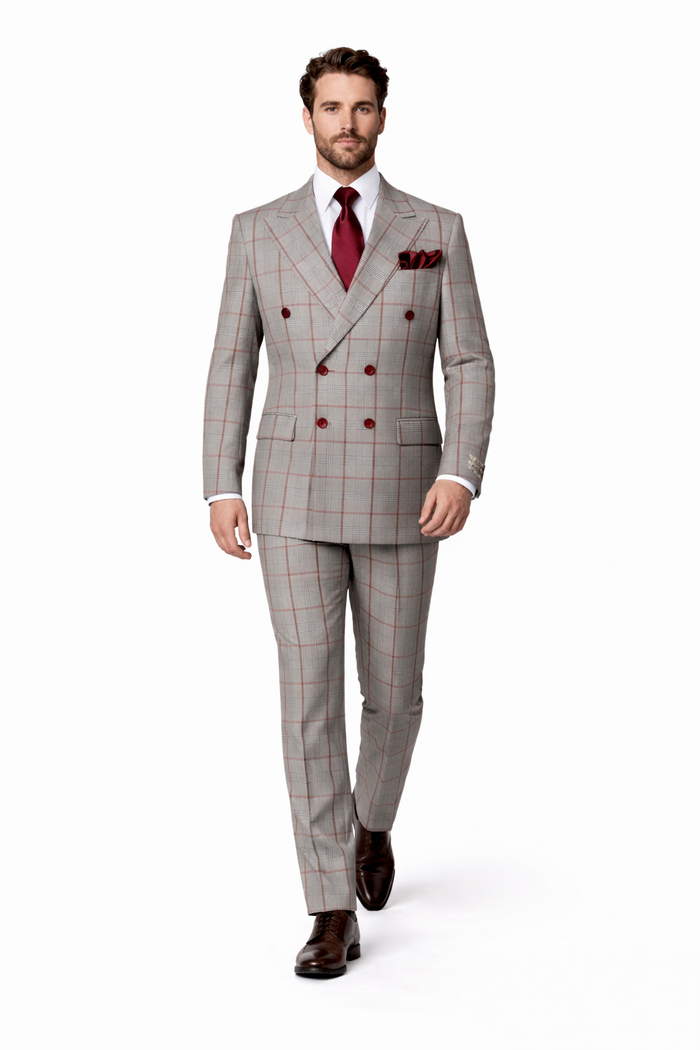 Suits With Baggy Pleated Pants - Wide Leg Pants 100% Wool - Classic Fit in Color Grey with Red Plaid by Rossiman