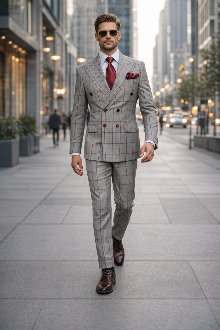 Suits With Baggy Pleated Pants - Wide Leg Pants 100% Wool - Classic Fit in Color Grey with Red Plaid by Rossiman