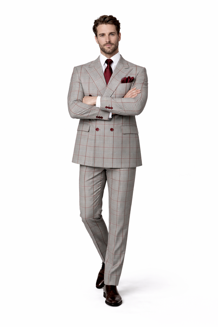Suits With Baggy Pleated Pants - Wide Leg Pants 100% Wool - Classic Fit in Color Grey with Red Plaid by Rossiman