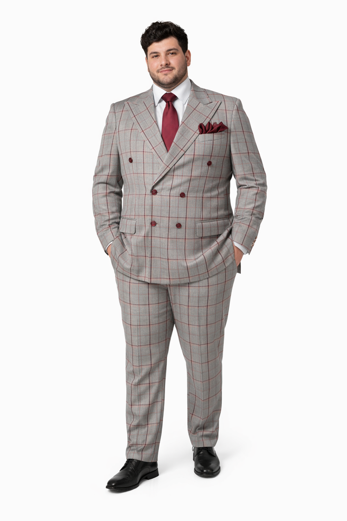 Suits With Baggy Pleated Pants - Wide Leg Pants 100% Wool - Classic Fit in Color Grey with Red Plaid by Rossiman
