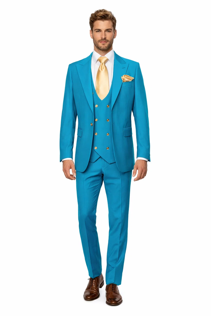 Rossi Man BOND RM1776 Slim Fit 3-Piece Suit – Turquoise Blue Men’s Formalwear