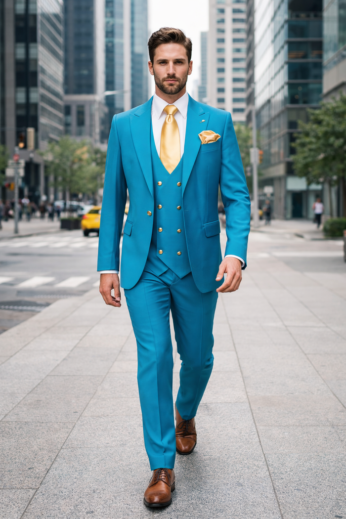 Rossi Man BOND RM1776 Slim Fit 3-Piece Suit – Turquoise Blue Men’s Formalwear