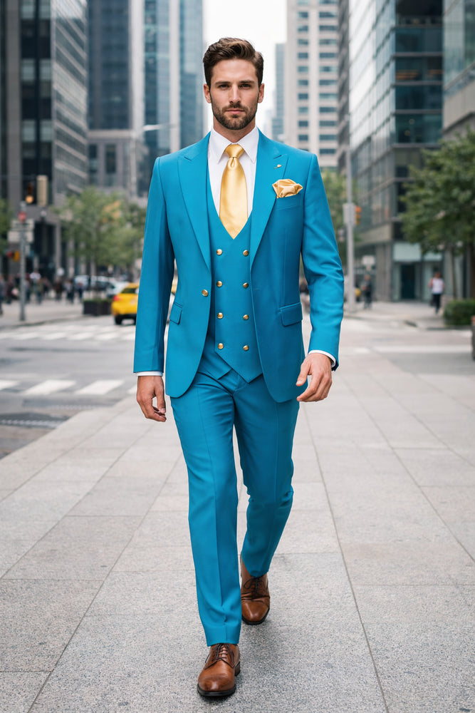 Rossi Man BOND RM1776 Slim Fit 3-Piece Suit – Turquoise Blue Men’s Formalwear