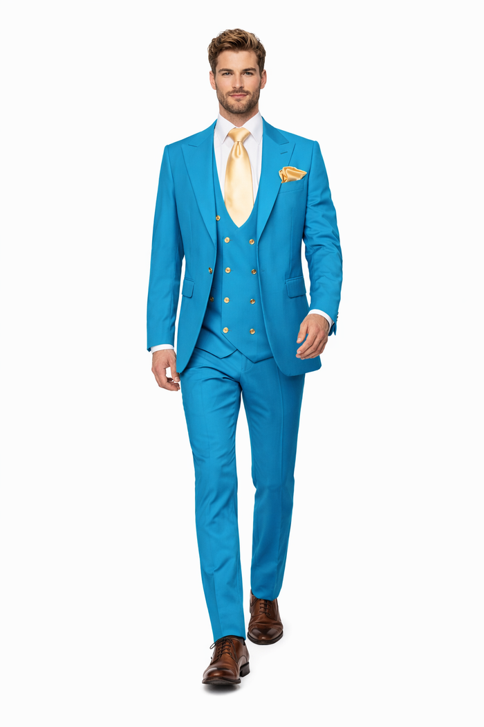 Rossi Man BOND RM1776 Slim Fit 3-Piece Suit – Turquoise Blue Men’s Formalwear