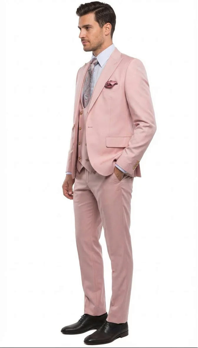 Rossi Man MAX RM1203 Slim Fit 3-Piece Suit – Stylish Solid Pink Formalwear for Men
