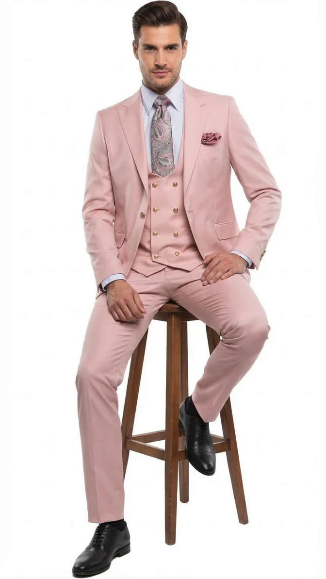 Rossi Man MAX RM1203 Slim Fit 3-Piece Suit – Stylish Solid Pink Formalwear for Men