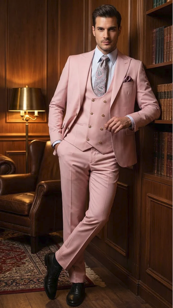 Rossiman Men’s Slim Fit Pink Suit | Elegant Double-Breasted Vest & Tailored Flat Front Pants – Italian 3-Piece Luxury Suit