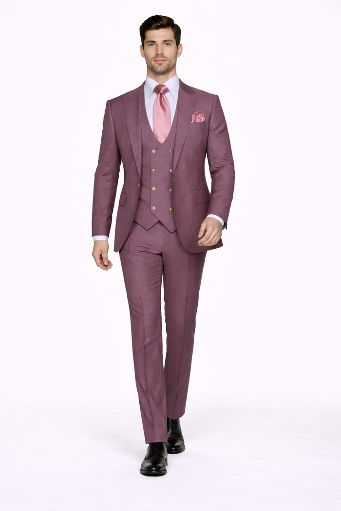 Rossi Man MAX RM1381 Slim Fit 3-Piece Suit – Modern Tailored Solid Raspberry Suit for Men