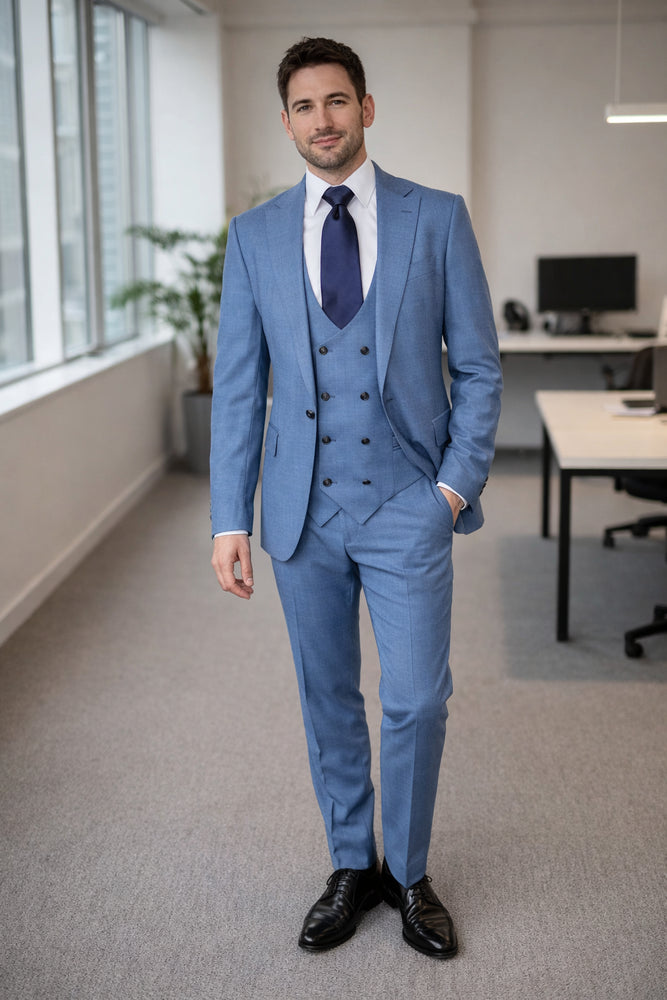 Rossi Man MAX RM1387 Slim Fit 3-Piece Suit – Stylish Solid Blue Formalwear for Men