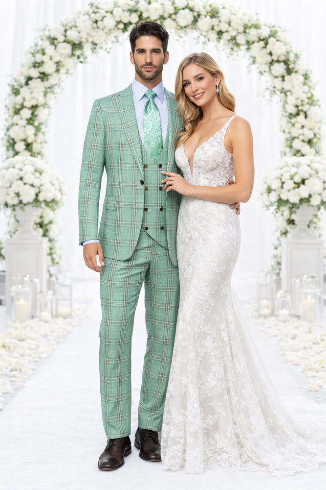 Rossi Man MAX RM1825 Slim Fit 3-Piece Mint Green Suit - Formalwear