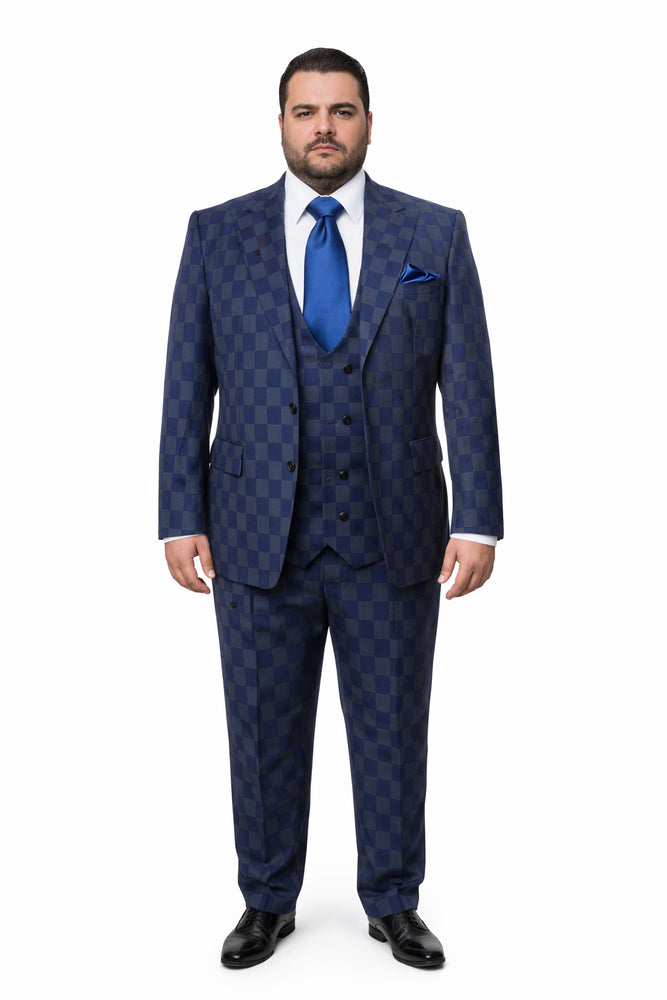 Rossi Man MAX Collection RM1838 – Modern Slim Fit 3-Piece Navy Check Suit for Men