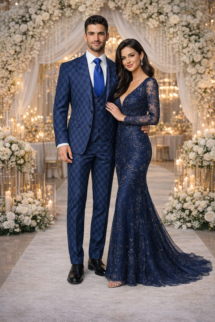 Rossi Man MAX RM1838 Navy Check Slim Fit 3-Piece Suit – Men’s Formalwear