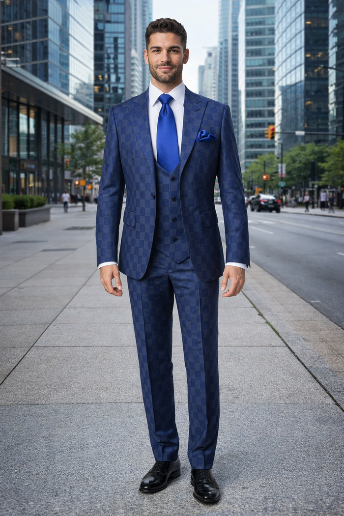 Rossi Man MAX RM1838 Navy Check Slim Fit 3-Piece Suit – Men’s Formalwear