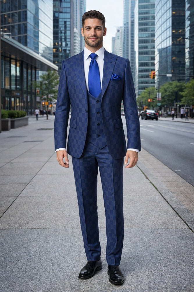 Rossi Man MAX Collection RM1838 – Modern Slim Fit 3-Piece Navy Check Suit for Men