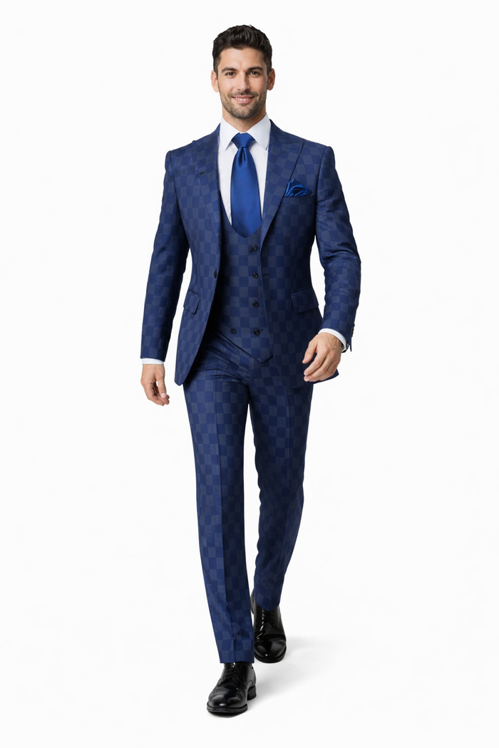 Rossi Man MAX RM1838 Navy Check Slim Fit 3-Piece Suit – Men’s Formalwear