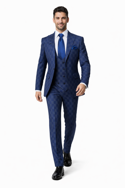 Rossi Man MAX Collection RM1838 – Modern Slim Fit 3-Piece Navy Check Suit for Men