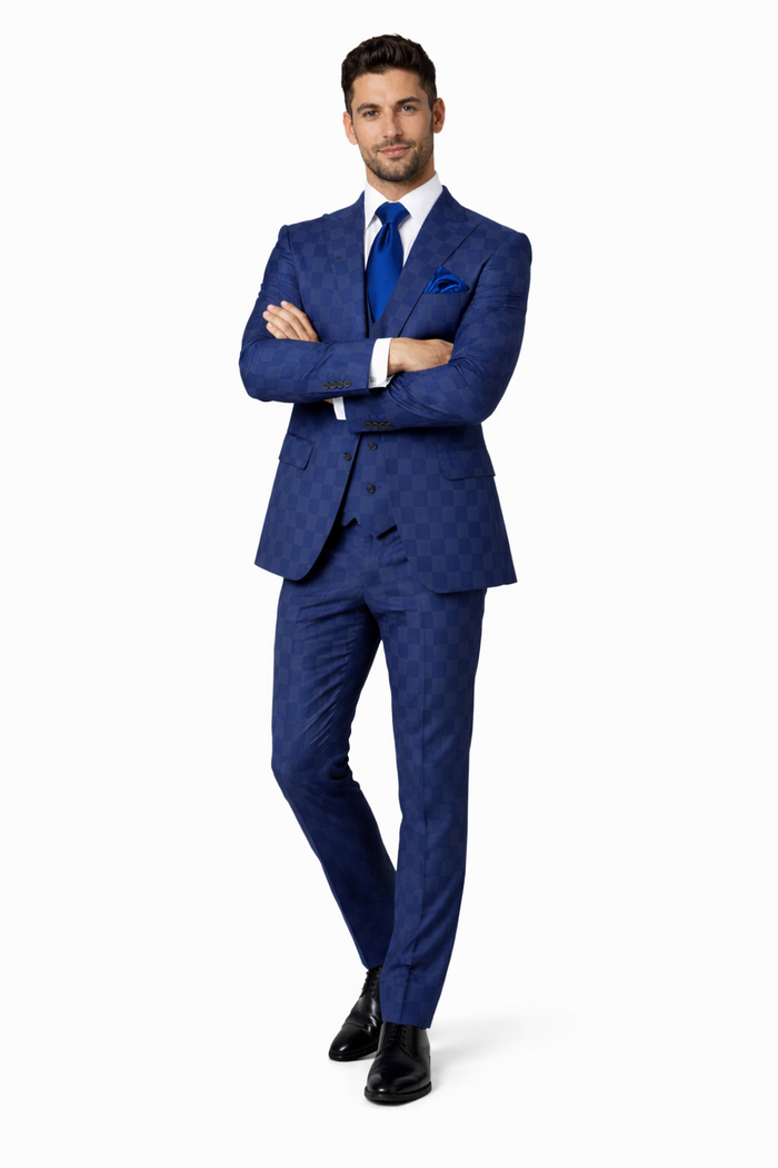 Rossi Man MAX RM1838 Navy Check Slim Fit 3-Piece Suit – Men’s Formalwear