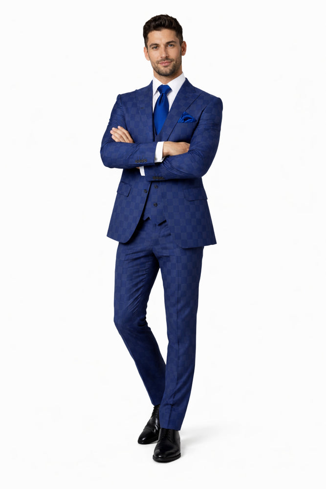 Rossi Man MAX Collection RM1838 – Modern Slim Fit 3-Piece Navy Check Suit for Men