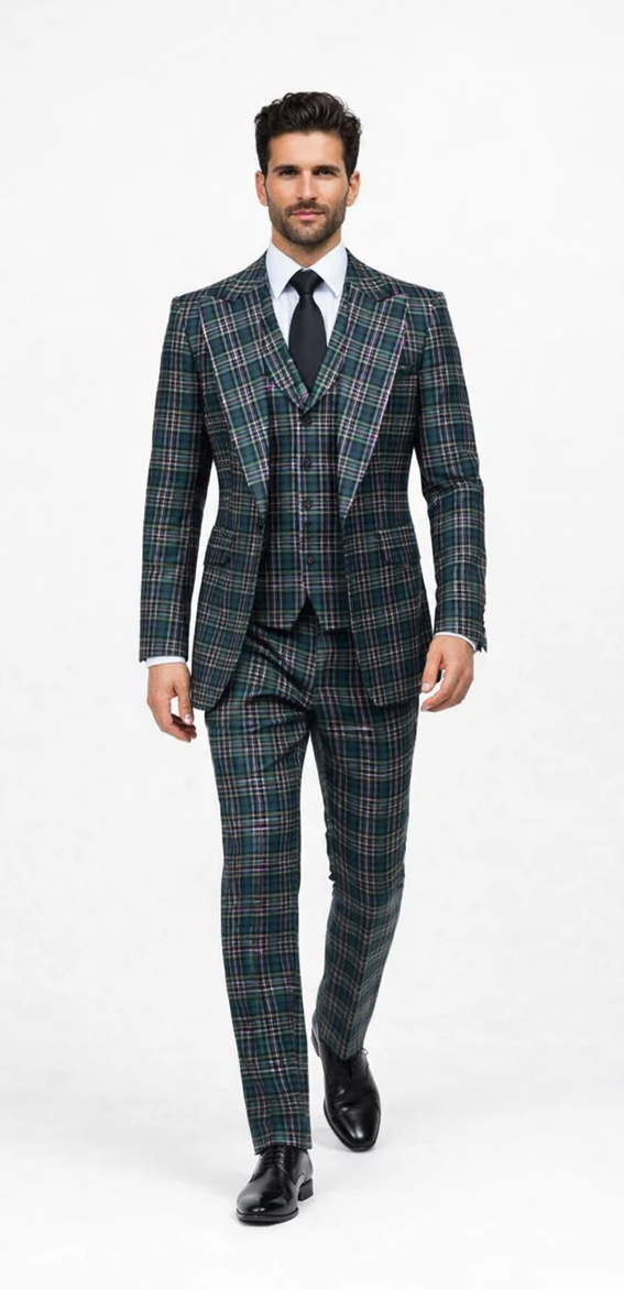 Rossi Man RM2311 – Premium Milano Fit Men’s 3-Piece Plaid Suit for Formal & Casual Events