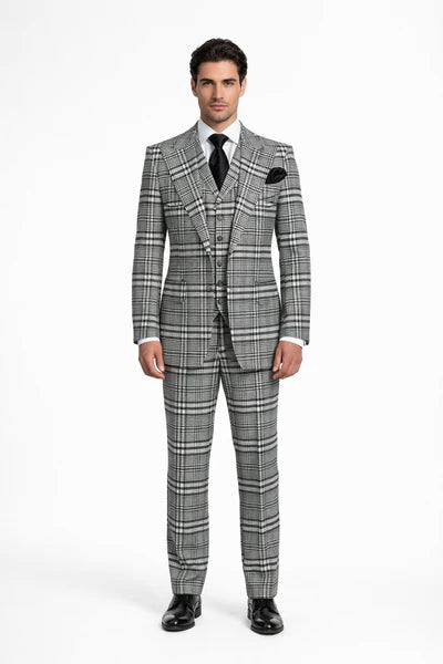 Suits With Baggy Pleated Pants - Wide Leg Pants 100% Wool - Classic Fit in One Button 3 Piece Suit by Rossiman