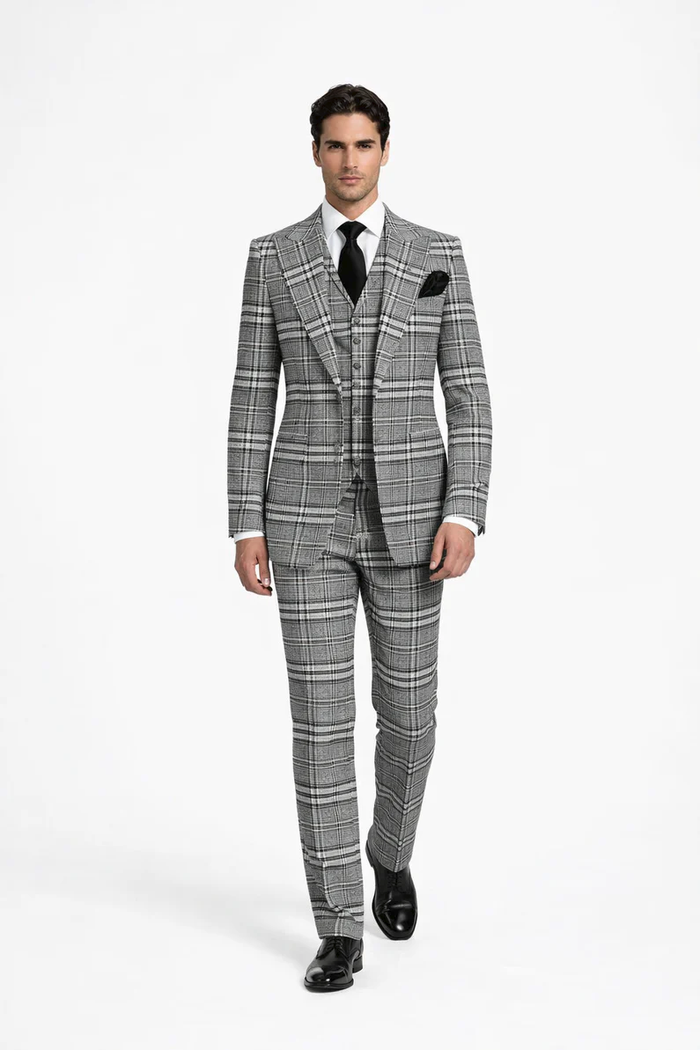 Suits With Baggy Pleated Pants - Wide Leg Pants 100% Wool - Classic Fit in One Button 3 Piece Suit by Rossiman