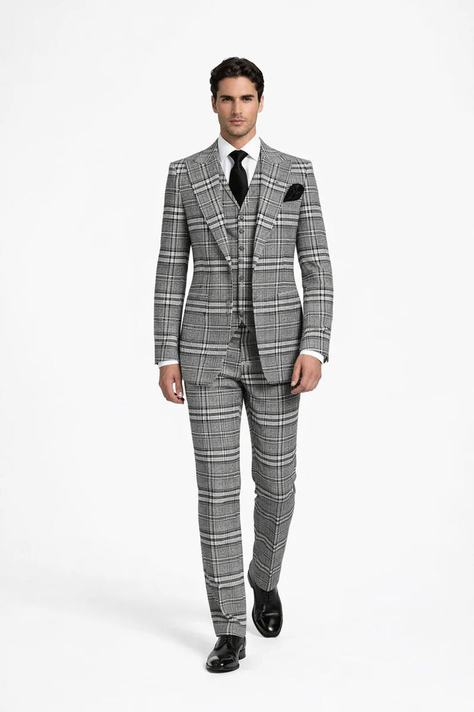 Suits With Baggy Pleated Pants - Wide Leg Pants 100% Wool - Classic Fit in One Button 3 Piece Suit by Rossiman