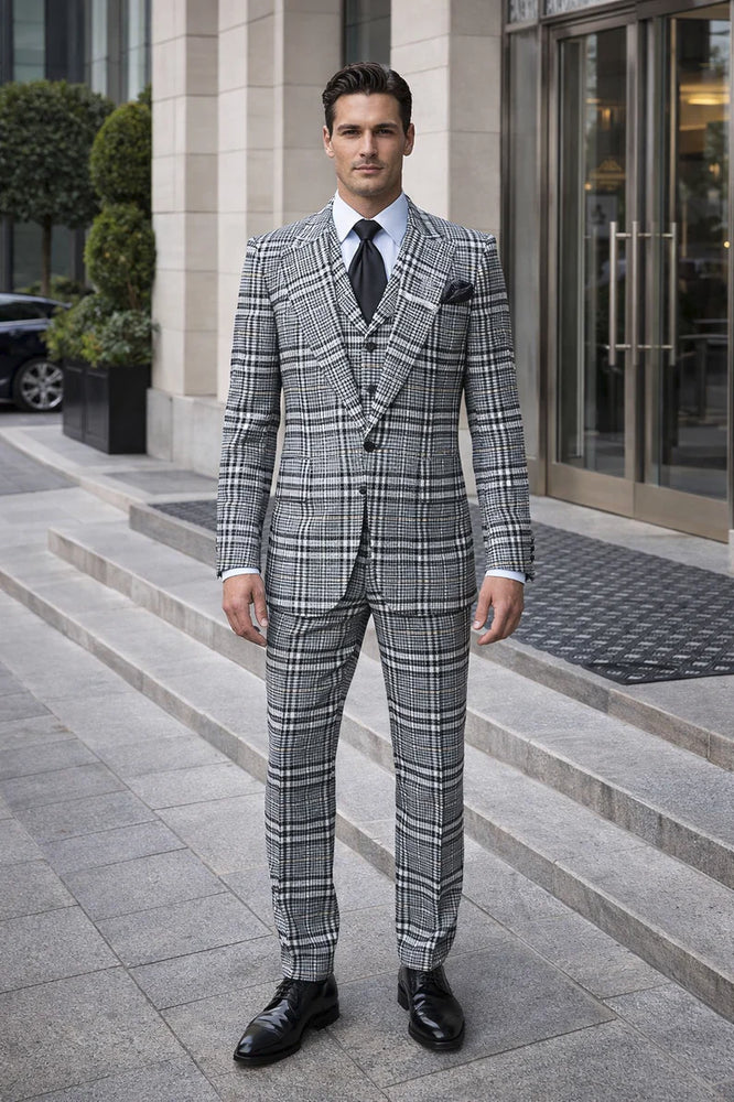 Suits With Baggy Pleated Pants - Wide Leg Pants 100% Wool - Classic Fit in One Button 3 Piece Suit by Rossiman