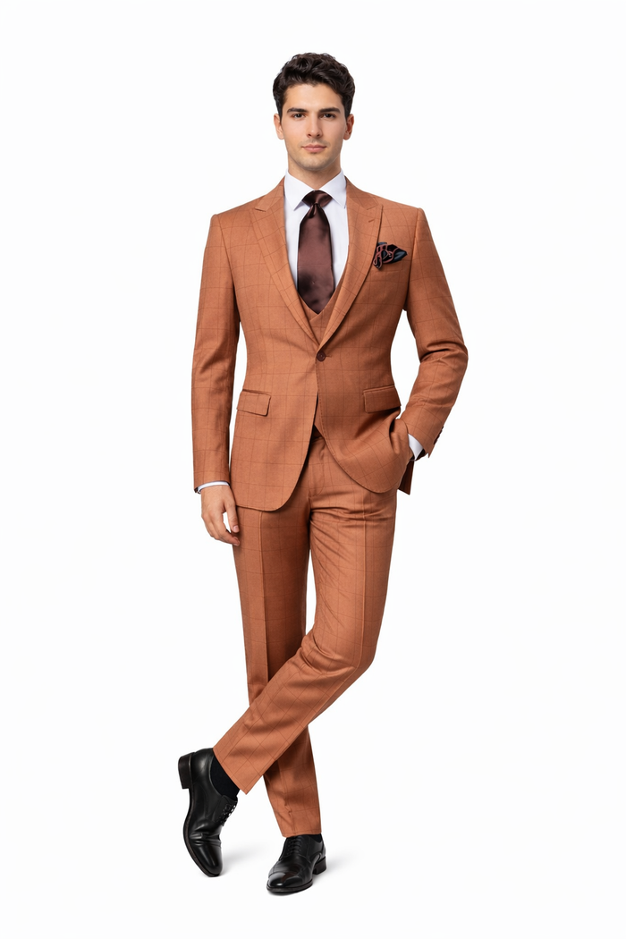 Cognac Windowpane 3-Piece Modern Executive Suit by Rossiman