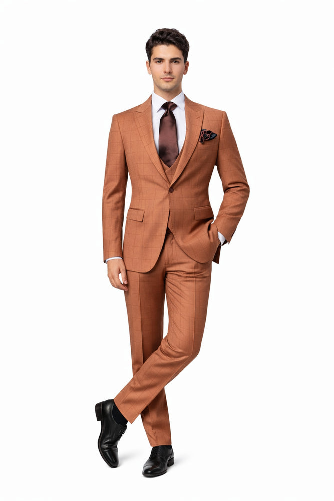 Cognac Windowpane 3-Piece Modern Executive Suit by Rossiman