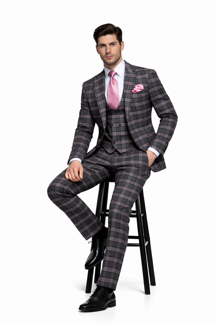 Dark Green & Pink Windowpane Tailored 3-Piece Luxury Suit by Rossiman