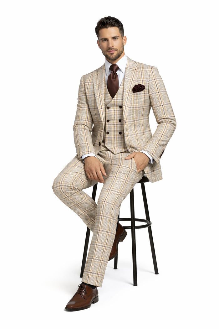 Beige & Brown Windowpane 3-Piece Modern Classic Suit by Rossiman