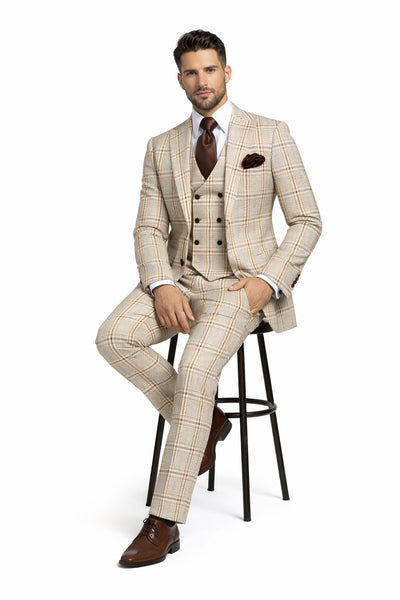 Beige & Brown Windowpane 3-Piece Modern Classic Suit by Rossiman