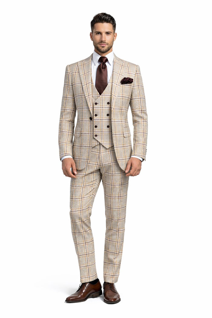 Beige & Brown Windowpane 3-Piece Modern Classic Suit by Rossiman