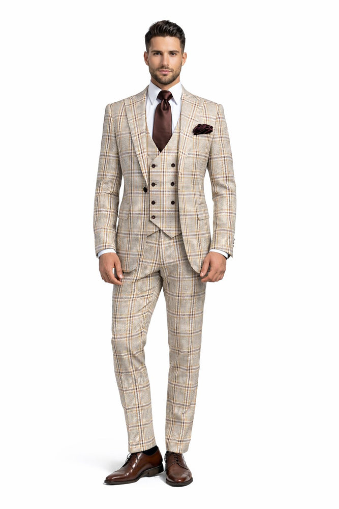 Beige & Brown Windowpane 3-Piece Modern Classic Suit by Rossiman